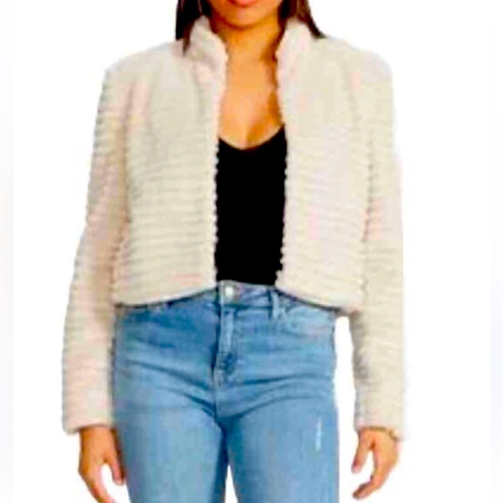 Betsey Johnson Faux Mink Fur Ivory White Short Cropped Jacket, Size Small